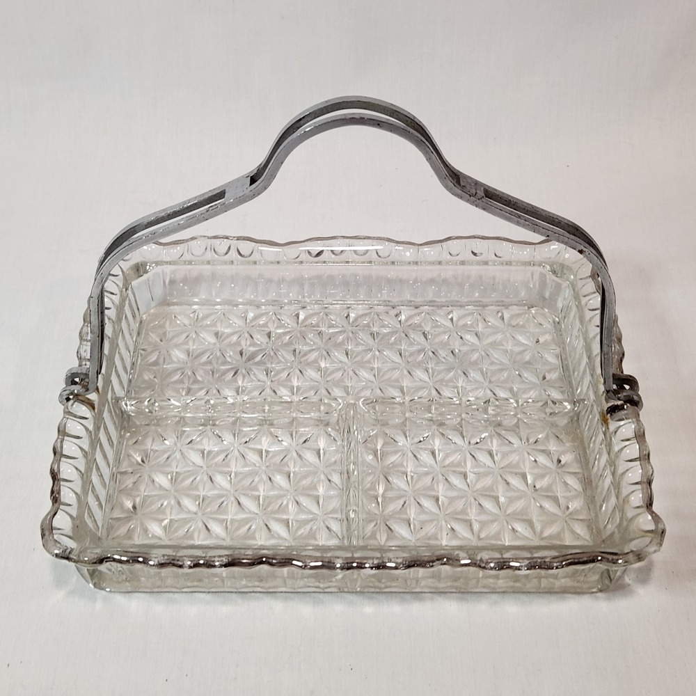 Vintage Clear‎ Pressed Glass 3 Compartment Rectangle Serving DishMetal Handle